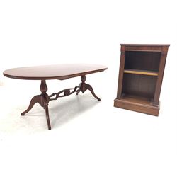 20th century mahogany bookcase with one adjustable shelf (W47cm) together with a cross banded mahogany oval coffee table (W121cm)