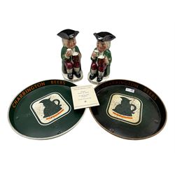 Two Royal Doulton ''One Toby Leads to Another' Toby jugs, two Charrington Beers metal trays D30cm and a Fox & Nicholl Ltd. Annual Dinner & Dance menu at The Toby Jug Hotel, 1949