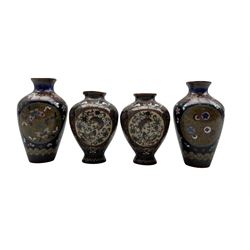 Pair of Japanese Meiji ovoid form Cloisonné vases and another pair with similar gold flecked decoration, H13cm max (4)