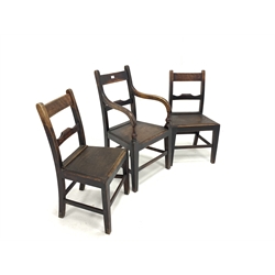 Set of three (1+2) oak country chairs, with rail backs, panelled seat, raised on square tapered supports 