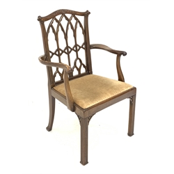 20th century mahogany Chippendale style Gothic carver armchair, serpentine cresting rail relief carved with scrolls above triple arched back, upholstered drop in seat, reeded front supports with chamfered inner edge, total width - 66cm, seat width - 54cm