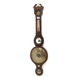 George III inlaid mahogany wheel barometer, thermometer and hydrometer in banjo pattern case, with silvered dials, convex mirror, inscribed 'P. Balarini York'