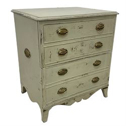 19th century painted mahogany chest commode, the faux drawer front hinged, raised on splayed feet with shaped apron, in laurel green finish