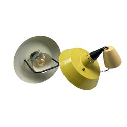 Two vintage Skandesco rise and fall pendant light fittings, blue and yellow painted metal finish, D37cm 
