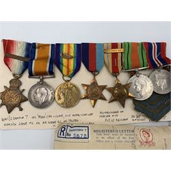 WWI and WWII group of seven medals including Mons Star with 5th Aug-22nd Nov 1914 clasp named to M.C.Cpl. A.B. Giband 29048 R.E., War Medal and Victory Medal with oak leaves named to Lt A.B. Gibaud, the WWII medals comprising Africa Star with North Africa 1942-43 clasp privately named to Fl. Lt. A.B. Gibaud, 1939-1945 S, Defence and War Medal together with the dress miniatures and ribbon bar.
N.B. Please note the spelling on the Mons Star