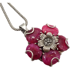 Silver faceted ruby flower pendant on silver chain, both stamped 925