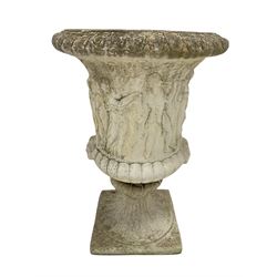 Large reconstituted stone garden Medici style urn planter, flared egg and dart moulded rim over body decorated with classical figures, raised on fluted socle and square base H