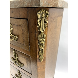 Louis XVI style miniature inlaid Kingwood chest of drawers with Ormolu style gilt metal mounts and marble top, H51cm, W29cm, D21cm