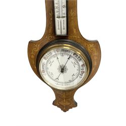 Edwardian mahogany inlaid aneroid barometer c1905 -  with a mercury thermometer recording the temperature in centigrade and Fahrenheit, register with gothic script recording barometric air pressure from 26 to 31 inches, steel indicating hand and brass recording hand.  