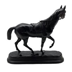 After Jules Moigniez, black painted spelter model of a Horse on oval base, inscribed signature H21cm 