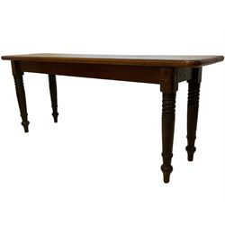 Victorian mahogany hall bench, rectangular top with rounded corners, raised on ring turned tapering supports