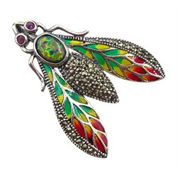 Silver plique-a-jour, marcasite and opal insect brooch, stamped 925