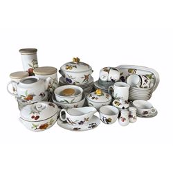 Worcester Evesham tea and dinner service comprising eight dinner plates, seven dessert plates, eight bowls, six cups and saucers, eight tea plates, two covered vegetable dishes, three graduated storage jars, various serving dishes, condiments etc (64)