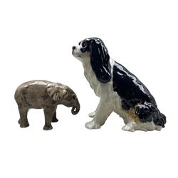 Winstanley pottery model of a seated King Charles Spaniel H28cm and Elephant (2)