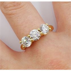 18ct gold three stone round brilliant cut diamond ring, hallmarked, total diamond weight approx 1.80 carat