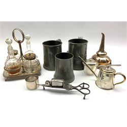 Pair of 19th century plated snuffing scissors by Machin, Leadenhall St., plated wine funnel, glass and plated cruet, three pewter tankards etc
