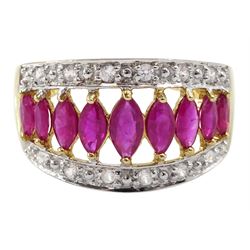 9ct gold marquise shaped ruby and diamond ring, hallmarked 