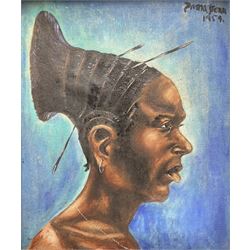 Follower of Irma Stern (South African 1894-1966): Portrait of a Zulu Woman, oil on canvas, bears signature and inscribed 'Congo 1954', 34cm x 27cm