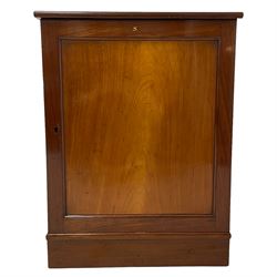 20th century mahogany pedestal collectors filing cabinet, the rectangular top over a single panelled door with a gilt painted 'S' to the top, concealing six graduating drawers with wood handles, raised on plinth base
Provenance: property of a gentleman