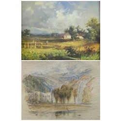 English School (early 20th century): Farm Landscape, oil on board unsigned 20cm x 25cm; English School (19th century): Abbey Ruins with Waterfall, watercolour unsigned 12cm x 17cm (2)