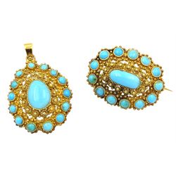 19th/early 20th gold turquoise pendant and matching brooch 