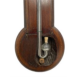 George III mercury stick barometer in an oak case – with an open carved fretwork pediment and glazed rectangular door with inlaid parquetry borders beneath, unsigned paper scale with weather predictions, simple steel pointer and spirit thermometer, exposed bulb cistern tube with a dome turned cistern cover to the rounded base.