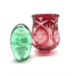 Victorian green glass dump with floral decoration, H15cm together with a Bohemian ruby overlay cut glass shade (2)