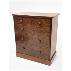Victorian mahogany chest fitted with two short and three long graduated drawers, raised on plinth base 