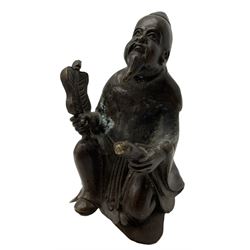 Japanese bronze finial in the form of a seated figure holding a fan and scroll H9cm, various brass Buddhas, small Indian bowl etc