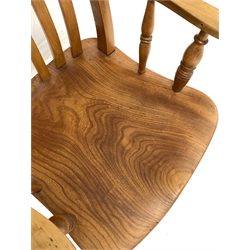 20th century beech and elm farmhouse chair, shaped saddle seat over ring turned supports united by double 'H' stretcher 