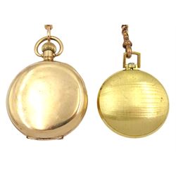 Early 20th century gold-plated half hunter keyless lever pocket watch by J. W. Benson, London, white enamel dial with Roman numerals and subsidiary seconds dial and one other gold-plated slim pocket watch by same hand, both on gold-plated Albert chains
