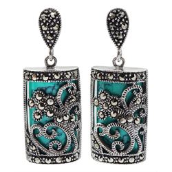 Pair of silver marcasite and turquoise pendant stud earrings, stamped 925
