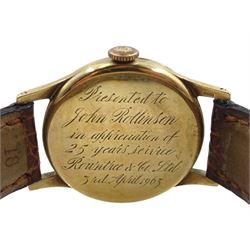 Griffon 9ct gold gentleman's 21 jewels manual wind presentation wristwatch, Birmingham 1961, on brown leather strap