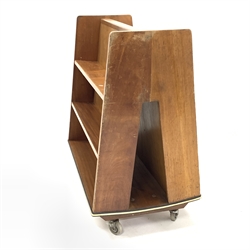 Mid 20th century teak 'A' frame bookcase, each side having three shelves, raised on castors, W92cm, H101cm, D57cm