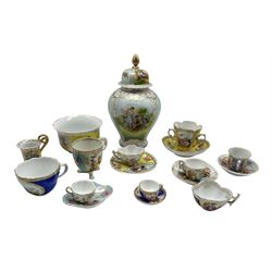 Collection of Continental porcelain to include an Augustus Rex type quatrefoil cup and saucer, a similar miniature cup and saucer, Sitzendorf bowl and vase and cover, together with other similar porcelain 