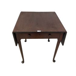 George III plum pudding mahogany side table, rectangular drop-leaf top, fitted with single oak-lined drawer, raised on cabriole supports with pad feet