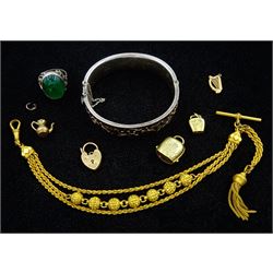 Three 9ct gold charms including heart clasp, jug and harp, two 14ct gold cow bell charms, gold-plated Albertina watch chain, silver bangle with applied gold bird on a branch decoration by Joseph Smith & Sons, Chester 1957 and a silver green agate ring