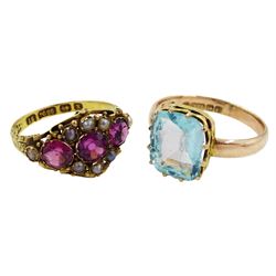 Victorian 15ct gold amethyst and split pearl ring, Birmingham 1872 and a 9ct rose gold blue stone set ring, Birmingham 1918