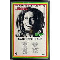 Bob Marley World Reggae Party 1978 Kaya Tour poster 'Babylon By Bus', with a list of various US and Canadian cities, framed, 94.5cm x 62.5cm