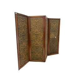 19th century walnut four panel folding screen, panelled with anaglypta paper