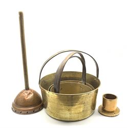 Three graduated 19th century brass preserve pans with wrought iron handles, D35cm, copper posser etc (5)