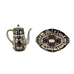 Royal Crown Derby coffee pot decorated in the Imari pattern 2431 H20cm and a Royal Crown Derby Imari pattern oval shallow footed dish W26cm 