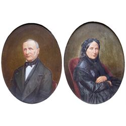 Alexandre Jean-Baptiste Theuvenot (French 19th century): Portrait of a Victorian Lady and Gentlemen, pair oval oils on panel signed and dated 1869, 23cm x 17cm (2)