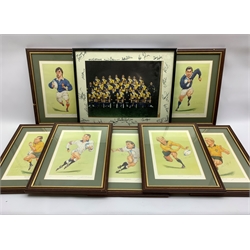 Framed picture of Leeds Rhinos 1970's /80's bearing numerous signatures to the mount and seven framed limited edition caricature prints of rugby players after Ireland, including Will Carling, Rory Underwood etc each signed to the mount by the artist and numbered 117/850