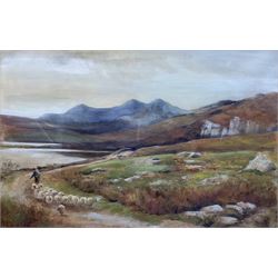 Albert William Ayling (British 1829-1905): Shepherd with Sheep 'Deganwy Wales', watercolour signed, labelled verso 50cm x 74cm