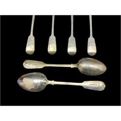 Set of six Victorian silver fiddle pattern table spoons engraved 'W' London 1855 Maker Joseph and Albert Savory 15oz (6)