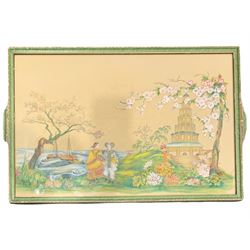 Chinese School (early 20th century): Chinese Women next to Temple and Cherry Blossom Tree, painting on silk unsigned 36cm x 55cm