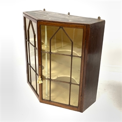 Mid 19th century oak wall hanging display cabinet, canted front with double astragal glazed doors enclosing two shelves