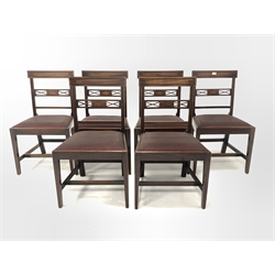Set six Georgian mahogany dining chairs, ebony inlaid crest rail over reeded uprghts, drop in upholstered seat pads, raised on square tapered supports united by stretchers