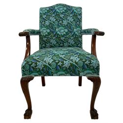 Early 20th century Georgian design Gainsborough chair, shaped back and sprung seat upholstered in cerulean and green foliate patterned fabric, arm terminals carved with acanthus leaves, raised on cabriole front supports with ball and claw feet
